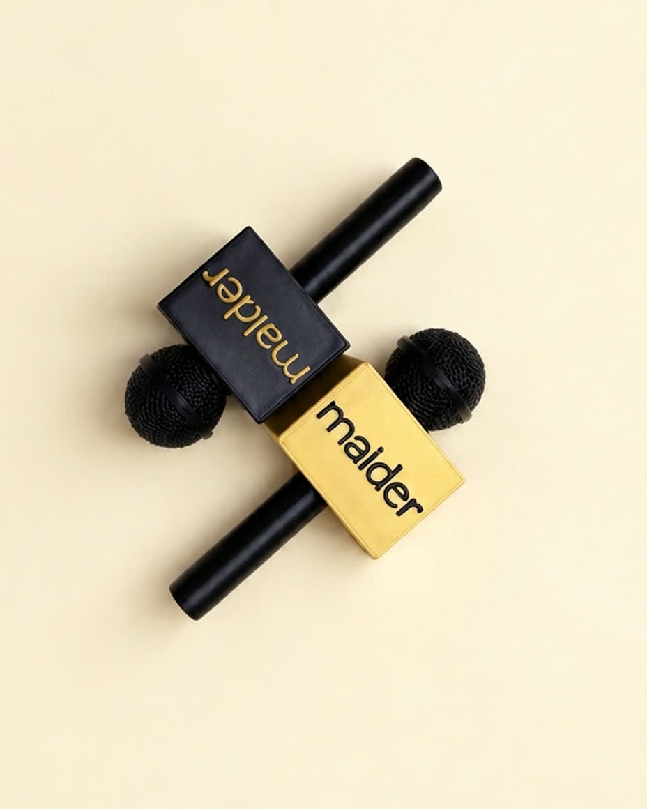 Dois mini microfones impressos em 3D, um preto e outro amarelo manteiga, com a marca maider